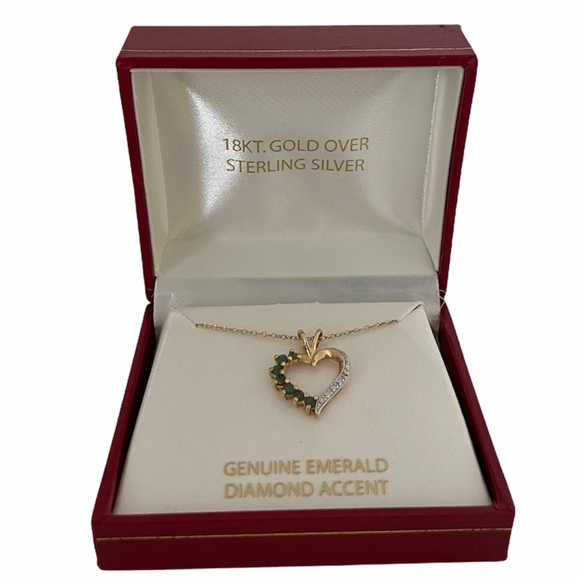 Gemstone Jewelry - 18KT Gold Genuine Emerald Diamond Heart Necklace
